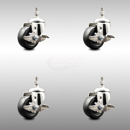 Service Caster 3.5 Inch 316SS Soft Rubber Wheel Swivel 10mm Threaded Stem Caster Set Brake SCC-SS316TS20S3514-SRS-TLB-M1015-4